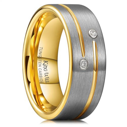King Will Mens Tungsten Wedding Band with Cubic Zircon Inlay 7mm/8mm Flat Cut Comfort Fit Engagement Rings - color: C-Silver&Gold-8mm