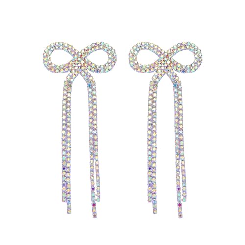 Rhinestone Earrings Dangling for Women Sparkly Silver Dangle Earrings Girls Long Chandelier Earrings Tassel Lightweight Ear Studs Cubic Zirconia (KE001S-W) - color: Bow 516286S-WAB Silver Crystal AB