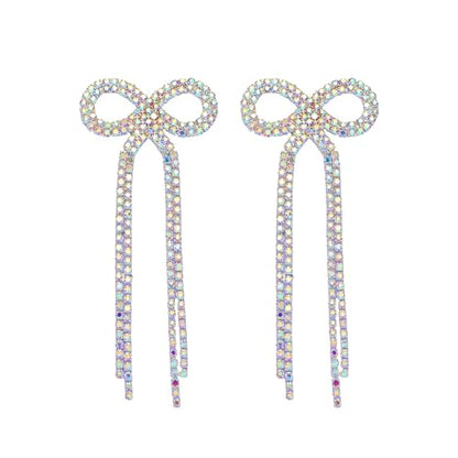 Rhinestone Earrings Dangling for Women Sparkly Silver Dangle Earrings Girls Long Chandelier Earrings Tassel Lightweight Ear Studs Cubic Zirconia (KE001S-W) - color: Bow 516286S-WAB Silver Crystal AB