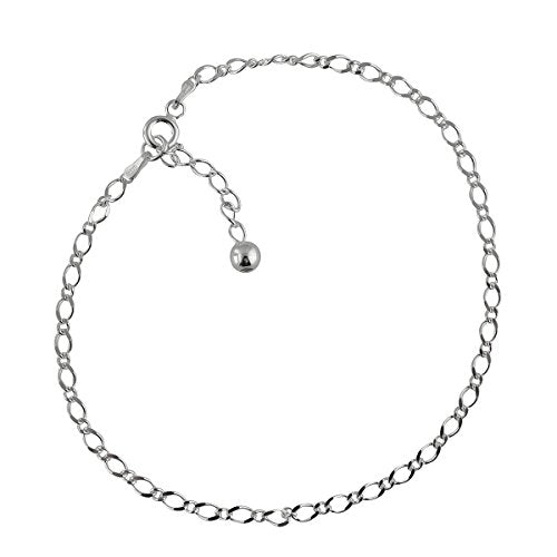 FashionJunkie4Life Sterling Silver Adjustable Link Anklet with Extension, Sterling Silver ankle bracelets for women, Summer bracelets, Foot Jewelry, Boho Jewelry for women - color: Figaro Link