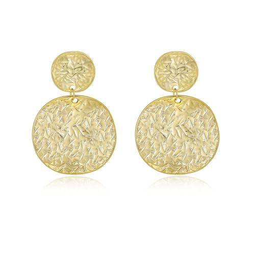 Large Geometric Drop Dangle Earrings for Women Pearl Teardrop Disc Rectangle Oval Fishtail Shell Shaped Textured Dangle Studs Earrings for Women - color: Gold-Disc