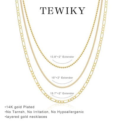Tewiky Layered Necklaces for Women 14k Gold Plated Chain Necklace Set | Chunky Herringbone/Snake/Rope/Box/Cuban Link Chain for Women, Layering Stack Choker Necklace, Dainty Jewelry Set Non Tarnish - color: 3 Bead Cuban Figaro Gold