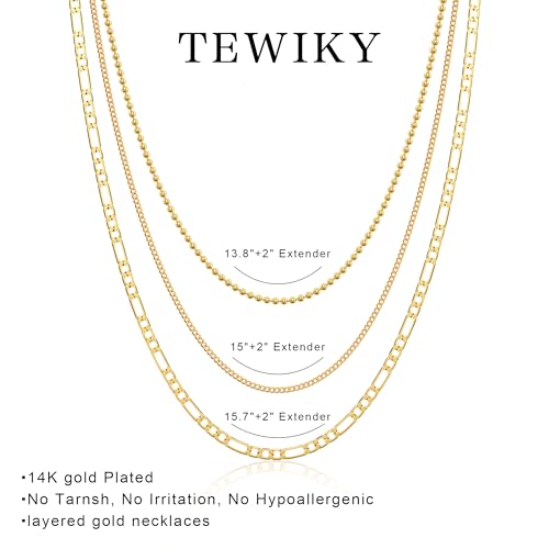 Tewiky Layered Necklaces for Women 14k Gold Plated Chain Necklace Set | Chunky Herringbone/Snake/Rope/Box/Cuban Link Chain for Women, Layering Stack Choker Necklace, Dainty Jewelry Set Non Tarnish - color: 3 Bead Cuban Figaro Gold