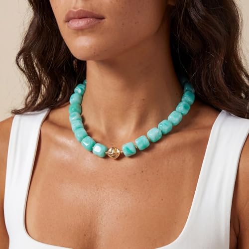 Beaded Necklaces for Women Boho Chunky Necklace Statement Big Resin Bead Choker Fashion Summer Beach Jewelry - color: Lake Blue