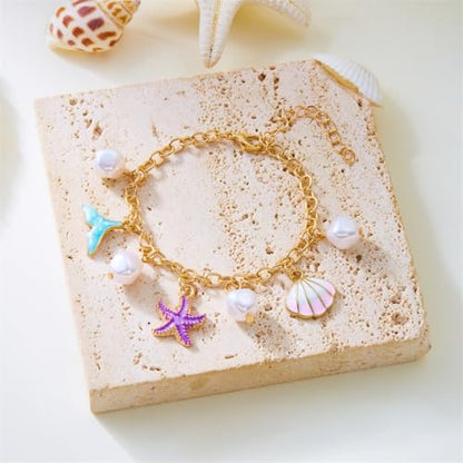 Shell Starfish Bracelet Seahorse Conch Starfish Sea Shell Pearls Charm Stone Bracelet Statement Bohemian Sea Themed Beach Jewelry for Women - color: Colorful A