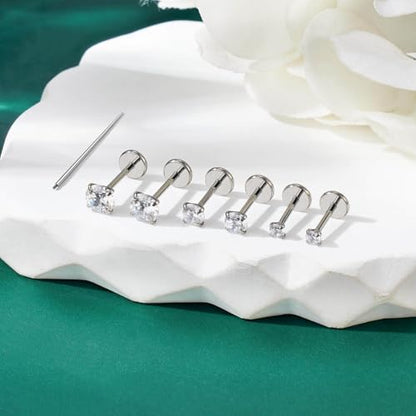 Gotumo 20G 18G 16G Flat Back Earrings Stud Nose Ring Titanium Internal Thread Tragus Labret Cartilage Lip Medusa Conch Body Piercing Jewelry Nose Stud Hypoallergenic for Women Men - color: Silver, size: 20G Bar-6/7/8mm & CZ-2/3/4mm