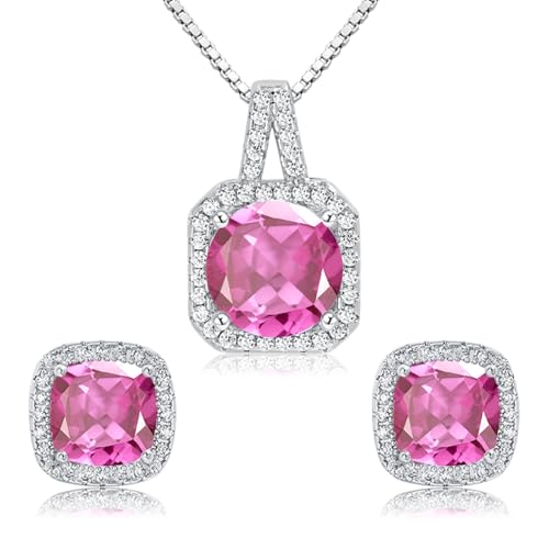 Cubic Zirconia Necklace and Earrings Set for Women 14K White Gold Plated Bridesmaid Silver Jewelry Set for Women Pendant Necklace Hypoallergenic Stud Earrings Set Jewellery Gift for Mom Wife Bride Bridesmaid - color: Pink-Square Shape