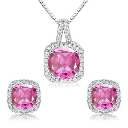 Cubic Zirconia Necklace and Earrings Set for Women 14K White Gold Plated Bridesmaid Silver Jewelry Set for Women Pendant Necklace Hypoallergenic Stud Earrings Set Jewellery Gift for Mom Wife Bride Bridesmaid - color: Pink-Square Shape