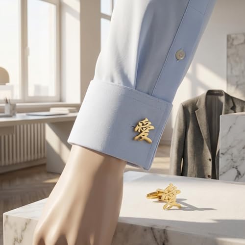 Men’s Chinese Love Symbol Cufflinks – Stainless Steel Cultural-Themed Cuff Links with Gift Box & Polishing Cloth – Available in Silver & Gold - color: golden