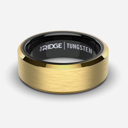 The Ridge Tungsten Rings For Men - Mens Wedding Band - Strong, Durable, and Scratch-Resistant Beveled Ring With Silicone Band - color: 24K Gold