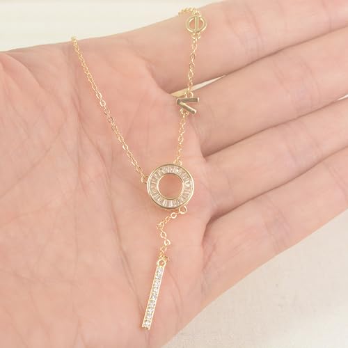 Gold Plated Lariat Necklace for Women Circle Bar Love Letter Long Pendant Y Necklace CZ Trendy Dainty Chain Drop Necklaces Adjustable Length