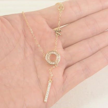 Gold Plated Lariat Necklace for Women Circle Bar Love Letter Long Pendant Y Necklace CZ Trendy Dainty Chain Drop Necklaces Adjustable Length