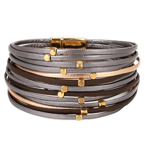 hotoo Leather Wrap Bracelet for Women - color: Multi-Strand (Gray-Gold)