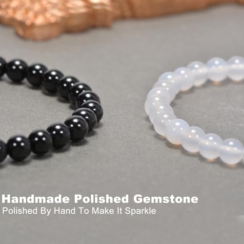 2PCS Agate Bracelet for Women Men Natural Round Beaded Agates Stone Healing Stretch Bracelets Elastic Handmade Polished Gemstone Beads Bracelet - color: Black+White, size: 6mm Beads