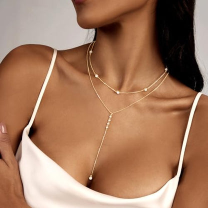Zeffy Lariat Gold Necklace for Women, Dainty Long Necklace 14k Gold/Silver Plated Layered CZ Beaded Bar Chain Y-Shaped Body Chain Stack Drop Wedding Necklace Trendy Simple Gold Jewelry Gifts - color: Gold CZ Layered Y Necklace(2PCS)