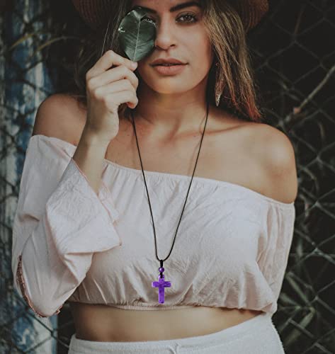 QINJIEJIE Cross Crystal Necklace Adjustable Black Rope Natural Gemstone Quartz Stone Necklaces for Men Women Father's Day Gift - color: Purple - Amethyst