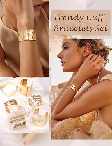 REVOLIA 6Pcs Chunky Cuff Bracelets Set for Women Minimalist Irregular Statement Wrist Cuff Adjustable Hammered Bangles Bracelets Open Wide Wire Arm Cuff Bracelet - color: Gold-B