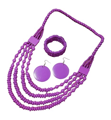 Colorful Ethnic Wooden Earrings Round Statement Dangle Earrings Multilayered Geometric Beaded Bracelet Necklace Set for Women Exaggerated Tribal Jewelry - color: Purple