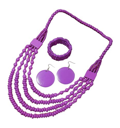 Colorful Ethnic Wooden Earrings Round Statement Dangle Earrings Multilayered Geometric Beaded Bracelet Necklace Set for Women Exaggerated Tribal Jewelry - color: Purple