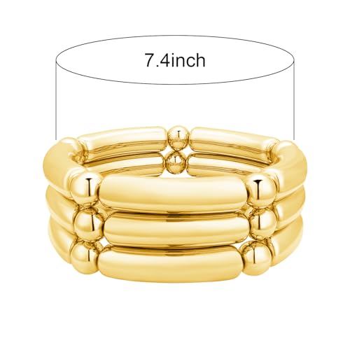 YBMYCM 5PCS Gold Chunky Bangles Bracelets for Women | 14k Gold Plated Stackable Layered Curved Bamboo Tube Stretch Bracelets Bangle Gift Jewelry - color: 3pcs G-8mm