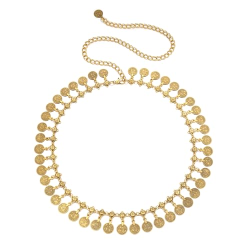 CHIC DIARY Metal Chain Belt for Women Coin Belly Link Tassel Belt for Dress | Boho Style Coin Pendant Tassel Belt Gold/Silver Adjustable Concho Belly Dance Belts for Dresses Skirts Jeans - color: Gold