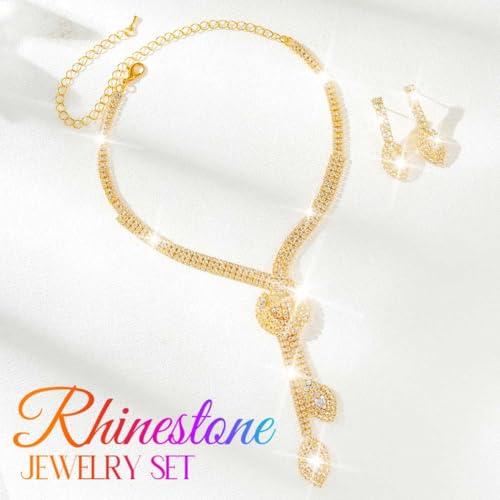 Unicra Silver Rhinestone Bridal Wedding Jewelry Set Crystal Necklace Earrings Sets Formal Prom Costume Jewelry Sets for Women and Brides - color: Gold
