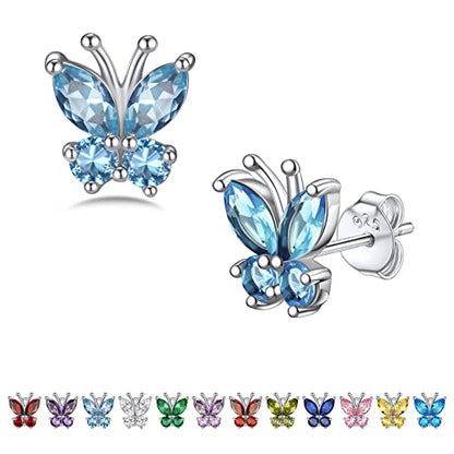 Bestyle Gold Butterfly Earrings for Women, Dainty Cute Birthstone Studs Hypoallergenic Jewelry, Great Birthday Gift - style: 03.March(Aquamarine)-STUD