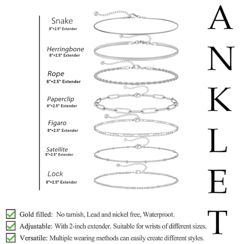 VAMA FASHIONS 8-Piece Adjustable Silver Anklet Set Snake Herringbone Rope Paperclip Figaro Satellite Box & Mirror Chain Anklets Foot Jewelry for womens
