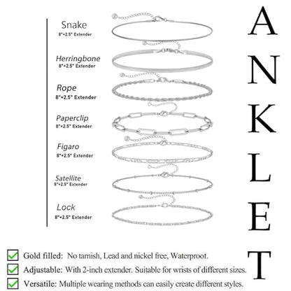 VAMA FASHIONS 8-Piece Adjustable Silver Anklet Set Snake Herringbone Rope Paperclip Figaro Satellite Box & Mirror Chain Anklets Foot Jewelry for womens