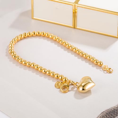 H&Beautimer 925 Sterling Silver 4-10MM Ball Chain Bracelet For Women's - Italian Handmade Bead Chain Bracelet 5''5.7''6.3''6.7''7.5''8''8.3''8.5''9 Inch Rose Gold Party Jewelry - color: 4MM Gold-Heart Pendant, size: 5 inches