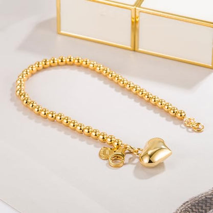 H&Beautimer 925 Sterling Silver 4-10MM Ball Chain Bracelet For Women's - Italian Handmade Bead Chain Bracelet 5''5.7''6.3''6.7''7.5''8''8.3''8.5''9 Inch Rose Gold Party Jewelry - color: 4MM Gold-Heart Pendant, size: 5 inches