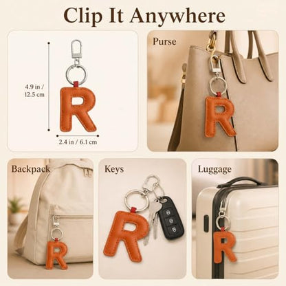 Initial Letter Keychain,Stainless Steel,Colorful Faux Leather Keyring for Backpack,Purse,Car Keys,Gift for Men Women - color: R