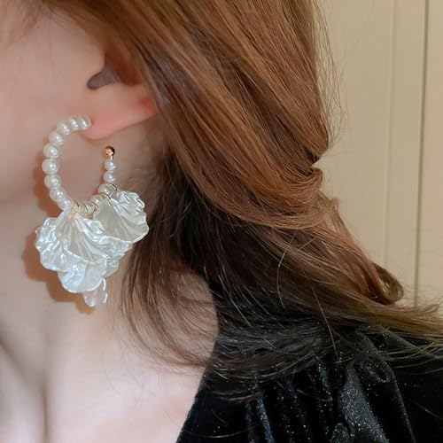 Seashell Pearl Stud Earrings for Women Ocean Sea Theme Sweet Double Layer Acrylic Shell Lightweight Dangle Drop Earrings for Summer Beach Holiday Halloween Party Jewelry Accessories - color: Pearl open hoops