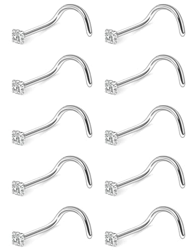 Hoeudjo Nose Studs Surgical Steel Cubic Zirconia Nose Rings Kit for Women Men Tiny Nose Stud Bone & Screw & L Shaped Nostril Piercing Jewelry 24/22/20/18 Gauge 10 Pieces - color: silver-tone,screw nose studs, size: 22g/2mm clear CZ