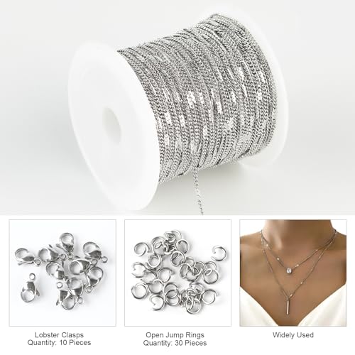 Kyutong Thin Curb Chains Bulk on Spool Silver Chain for Jewelry Making | 32.8 Feet 304 Stainless Steel Jewelry Chain with Clasps Men Women Necklace Bracelet Making Chain Supplies - color: Flat Curb Silver