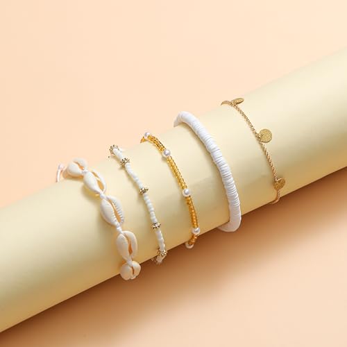 Shell Ankle Bracelet Set for Women Gold Boho Bead Anklets Summer Hawaiian Beach Seashell Pearl Disc Double Heart Starfish Conch Layered Foot Chain Jewelry Adjustable - style: A: Disc