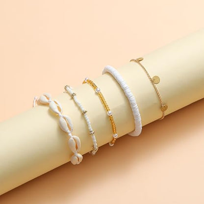 Shell Ankle Bracelet Set for Women Gold Boho Bead Anklets Summer Hawaiian Beach Seashell Pearl Disc Double Heart Starfish Conch Layered Foot Chain Jewelry Adjustable - style: A: Disc