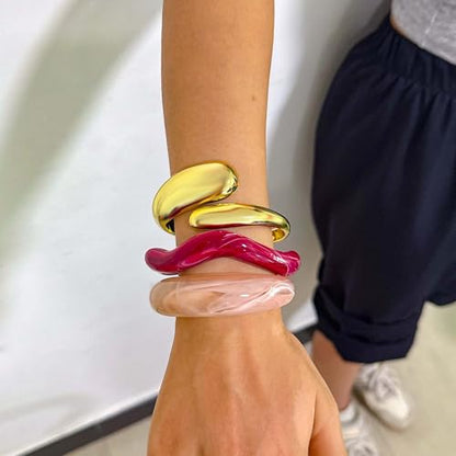 2PCS Chunky Acrylic Bracelet for Women Large Square Resin Cuff Vintage Open Bangle Bracelets Wide Geometric Jewelry - style: D-Gold+Pink+Red