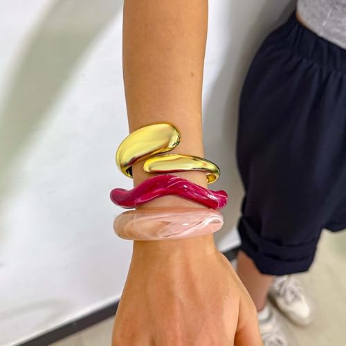 2PCS Chunky Acrylic Bracelet for Women Large Square Resin Cuff Vintage Open Bangle Bracelets Wide Geometric Jewelry - style: D-Gold+Pink+Red