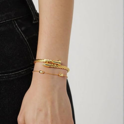 2PCS 18K Gold Plated Nail Bangle & Chain Bracelet Set for Women, Adjustable Stackable Bangle Jewelry, Dainty Gold Bracelet Gift for Women - color: Set E