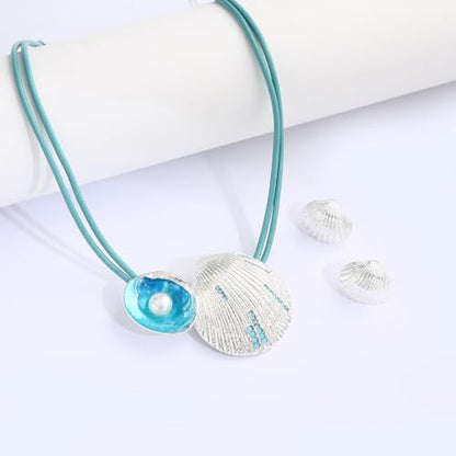 Chunky Statement Jewelry Set Blue Ocean Seashell Choker Necklaces Earrings Set for Women Pearl Bib Collar Necklaces for Party Prom Pageant Summer Fashion Jewelry Unique Birthday Gift - style: shell pearl JS silver blue