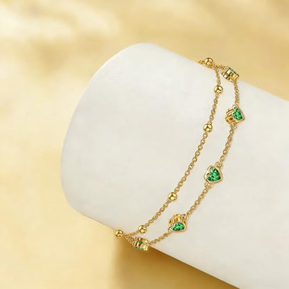 Midari 18K Yellow Gold Gemstone Birthstone Anklet Bracelet Heart Jewelry with 12 Months Birthstone Birthday Gifts for Women Wife Her Daughter Mom - color: 05-May-Emerald, size: Anklet 9"-11"