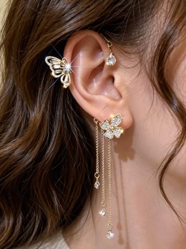 2Pcs Rhinestone Butterfly Earrings Ear Cuffs Non-Pierced Fake Earrings Butterfly Climber Wrap Around Earring Dainty Adjustable Ear Clip Jewelry for Women - color: Style1-gold