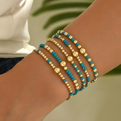 LOTSOF Bohemia Multilayer Beaded Bracelet Set, Turquoise Resin Colorful Surfer Heishi Style Elastic Spring Clasp Friendship Elastic Wristbands Summer Beach Boho Vacation Jewelry - color: Dark Blue