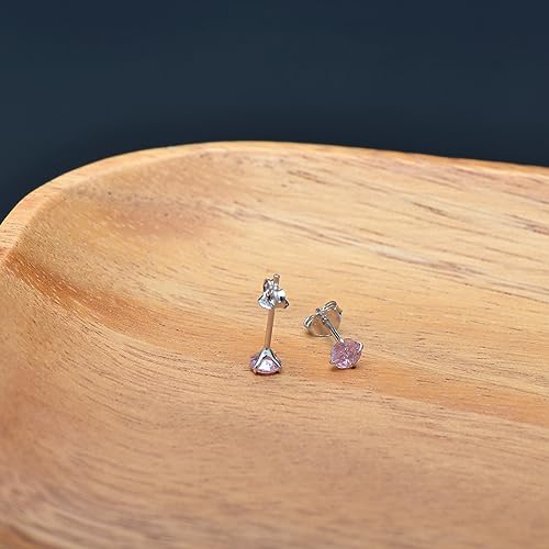 3 Pairs Color Zirconia Earrings Studs, Sterling Silver Studs Earrings Set 3MM 4MM 5MM - color: Pink