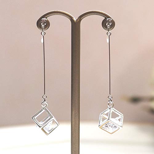 Drop Cubic Zirconia Invisible Clip On Earrings for Women Not Pierced Gold Teardrop Sqaure CZ Crystal Dangle Gold Silver Comfortable Clip On Earrings Bridal Wedding Prom - color: Cube Silver