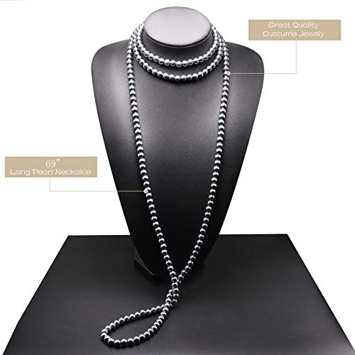 Long Pearl Necklaces for Women Cream White Faux Pearl Strand Layered Necklace Costume Jewelry - color: Gray