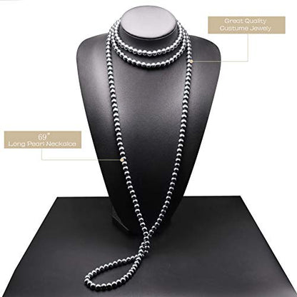 Long Pearl Necklaces for Women Cream White Faux Pearl Strand Layered Necklace Costume Jewelry - color: Gray
