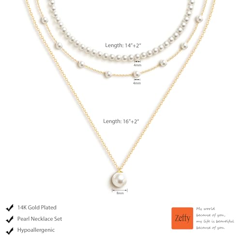 Zeffy Gold Pearl Necklace for Women, Dainty 14K Gold/Silve Plated Layered Pearl Choker Pearl Earrings Pearl Bracelets Wedding Trendy Gold Jewelry Set for Women Gifts - style: Gold Pearl Necklace-3PCS