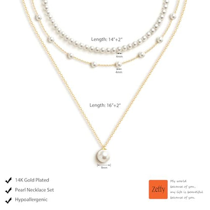 Zeffy Gold Pearl Necklace for Women, Dainty 14K Gold/Silve Plated Layered Pearl Choker Pearl Earrings Pearl Bracelets Wedding Trendy Gold Jewelry Set for Women Gifts - style: Gold Pearl Necklace-3PCS